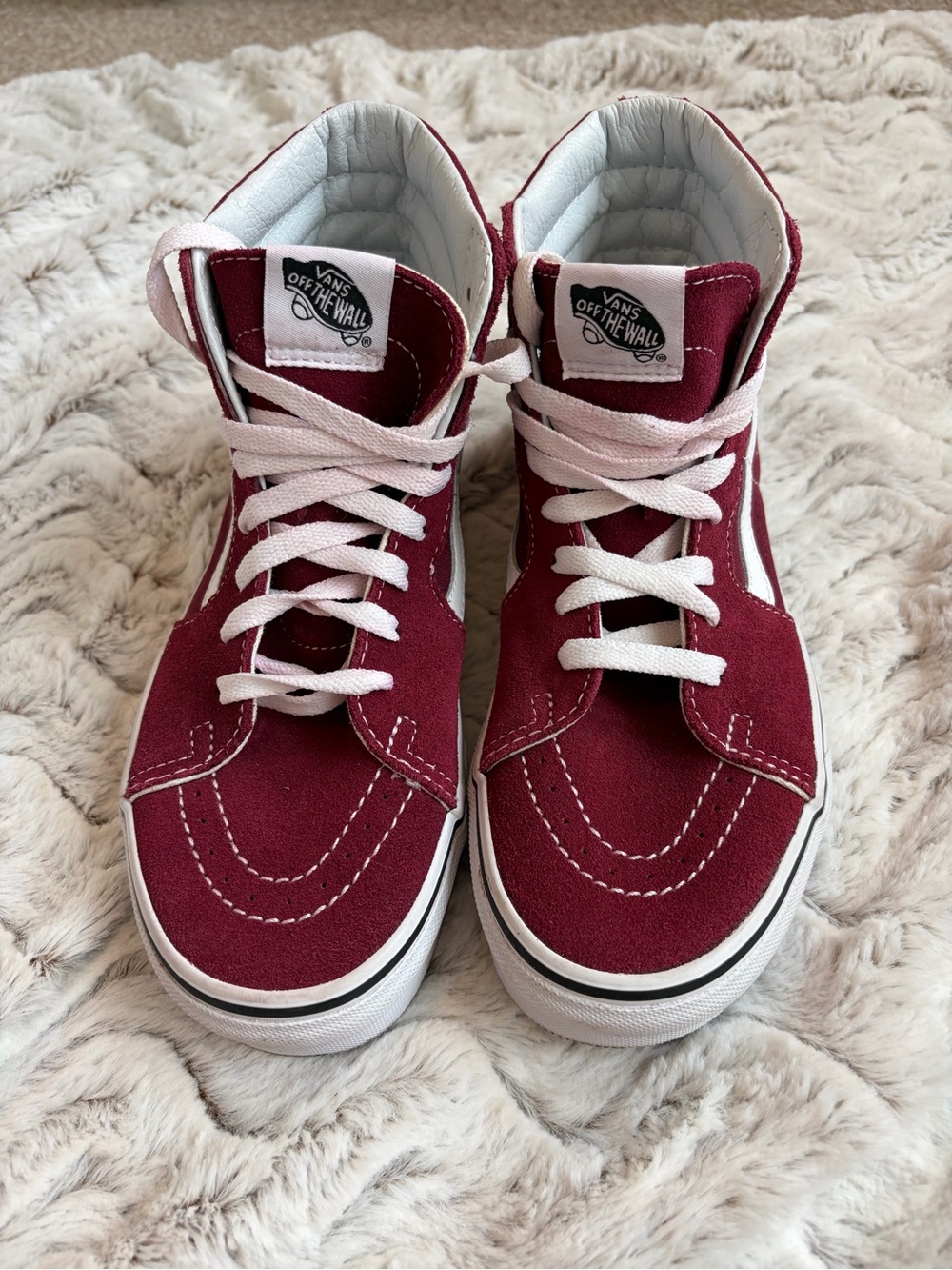 Vans women’s Maroon High-Top Skate Sneakers with White Accents